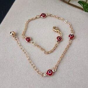Gold Filled Chain Ankle Bracelet with Red Enamel Evil Eye